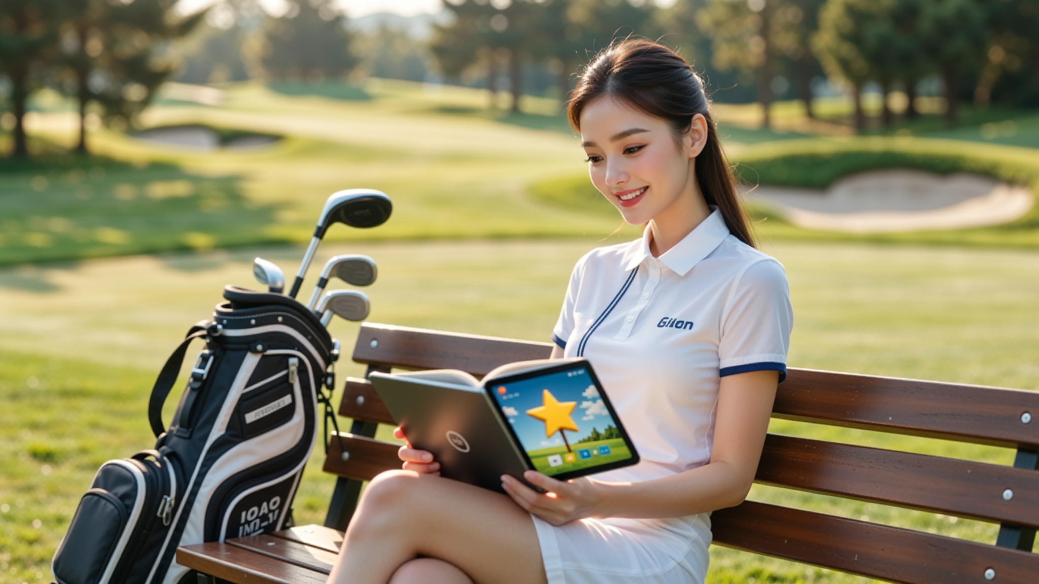 A golfer reviewing footage on a screen between shots